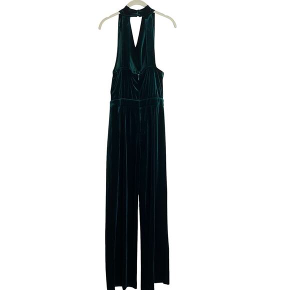 Skies Are Blue Velvet Jumpsuit M Hunter Green Halter Cowl Neck Wide Leg Stretch - Picture 4 of 9